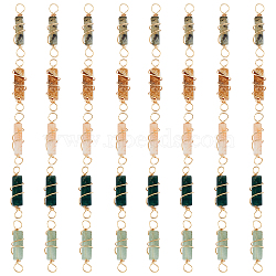 40Pcs 5 Styles Natural Gemstone Copper Wire Wrapped Connector Charms, Natural Labradorite & Indian Agate & Green Aventurine & Picture Jasper & Carnlian, Cuboid, Golden, 22~23.5x6~7x5.5~6mm, Hole: 2.5~3.2mm, 8ps/style(FIND-FH0005-17)