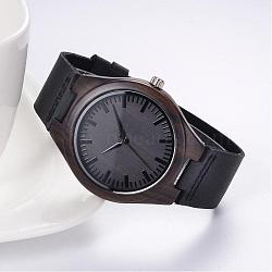 Leather Wristwatches, with Wooden Watch Head and Alloy Findings, Black, 260x28x2mm, Watch Head: 52x48x12mm, Watch Face: 37mm(WACH-K008-08)