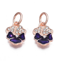 Rack Plating Rose Gold Alloy Enamel Pendants, Pansy Flower Pendants, with Crystal Rhinestone & Jump Ring, Cadmium Free & Nickel Free & Lead Free, Indigo, 16x12x3mm, Hole: 5mm(ALRI-N171-005)