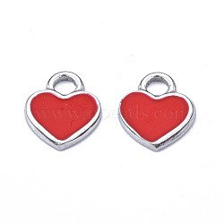 201 Stainless Steel Charms, with Enamel, Heart, Stainless Steel Color, Red, 12x10.5x1.5mm, Hole: 2mm(STAS-S080-045P-06-NR)