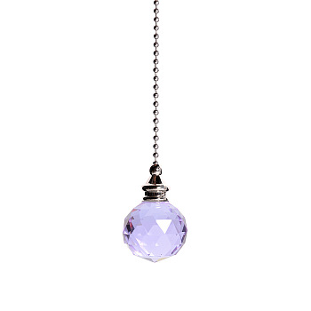 Glass Crystal Ceiling Fan Pull Chain Extenders, with Metal Ball Chains, Round Ball Pendant Suncatcher, Lilac, 545mm