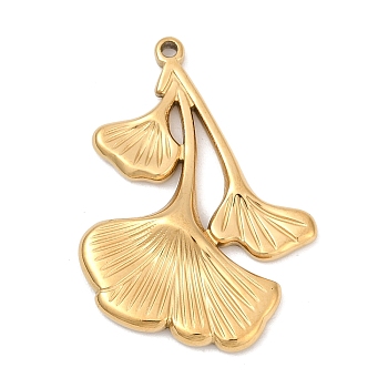 304 Stainless Steel Pendants, Ion Plating(IP), Ginkgo Leaf Charm, Real 18K Gold Plated, 32.5x23x3mm, Hole: 1.6mm