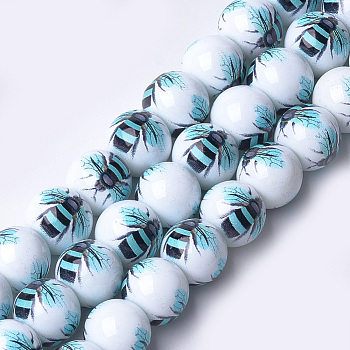 Printed & Spray Painted Glass Beads, Round with Bee Pattern, Cyan, 12~12.5x11.5mm, Hole: 1.4mm