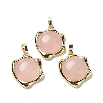Natural Rose Quartz Pendants, Rack Plating Golden Plated Brass Nuggets Charms, Cadmium Free & Lead Free, 23.5x19x6.5mm, Hole: 2.5x5.5mm
