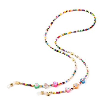 Glass Seed Beads Eyeglasses Chains, with Heart Polymer Clay Beads, Neck Strap for Eyeglasses, with Rubber Loop Ends, Colorful, 680mm