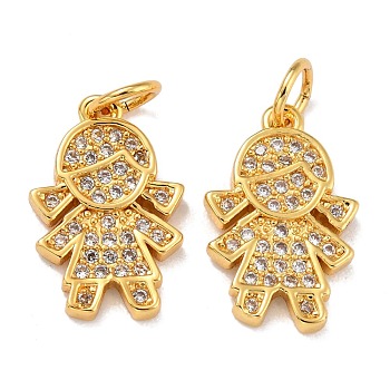 Brass Micro Pave Cubic Zirconia Charms, with Jump Ring, Real 18K Gold Plated, Girl, Clear, 15x10x2mm, Jump Ring: 5x0.8mm, Inner Diameter: 3.2mm