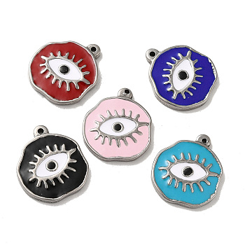 304 Stainless Steel Charms, with Enamel, Flat Round with Evil Eye, Stainless Steel Color, Mixed Color, 21x18.5x2.5mm, Hole: 1.4mm