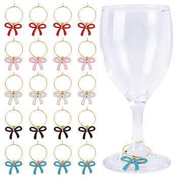 20Pcs 5 Colors Brass Wine Glass Charms, Bowknot, with Alloy Enamel Charms, Mixed Color, 50mm, 4pcs/color