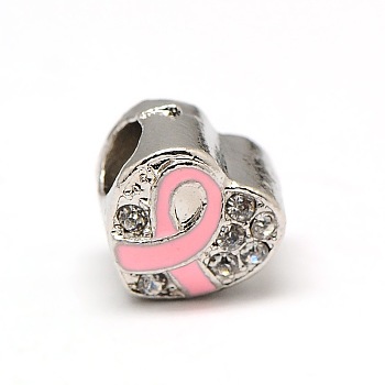 Platinum Plated Alloy Rhinestone European Beads, Large Hole Heart Beads with Enamel Breast Cancer Awareness Ribbon, Pink, 9.5x9.5x8.5mm, Hole: 4mm