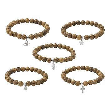 Natural Wood Round Beaded Stretch Bracelet with 304 Stainless Steel Charms, Mixed Shapes, Inner Diameter: 2-5/8 inch(6.8cm)