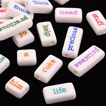 Opaque White Acrylic Beads, Rectangle with Mixed Words, Mixed Color, 9.5x11.5~24x6mm, Hole: 3mm, about 550pcs/500g