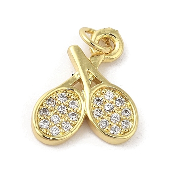 Rack Plating Brass Micro Pave Cubic Zirconia Pendants, Racket, Long-Lasting Plated, Cadmium Free & Lead Free, with Jump Ring, Real 18K Gold Plated, 13x11x1.5mm, Hole: 2mm