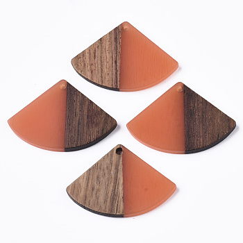 Resin & Wood Pendants, Fan Shape, Coral, 26x37.5~38x3.5mm, Hole: 2mm