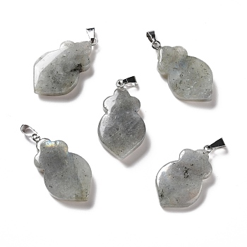 Natural Labradorite Pendants, with Platinum Tone Brass Findings, Leaf, 29~31x16~17x3~6mm, Hole: 2x6mm