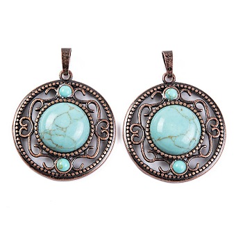 Synthetic Turquoise Pendants, Rack Plating Brass Hollow Flat Round Charms, Cadmium Free & Lead Free, Red Copper, 36.5x33x9.5mm, Hole: 7.5x5mm