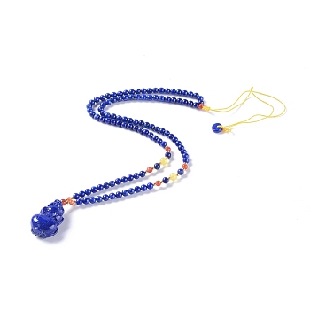 Natural Lapis Lazuli Pendant Necklaces, with Imitation Beeswax Resin, South Red Agate and Alloy Beads, Pi Xiu,  Attract Wealth and Good Luck, Blue, 23.2 inch(59cm)