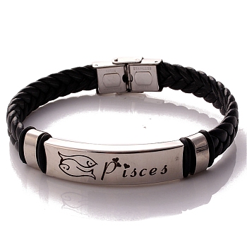 Braided Leather Cord Bracelets, Constellation Bracelet for Men, Pisces, 8-1/4 inch(21cm)