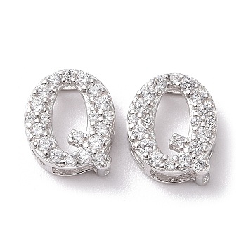 925 Sterling Silver Micro Pave Cubic Zirconia Beads, Real Platinum Plated, Letter Q, 9.5x7.5x3.5mm, Hole: 2.5x1.5mm