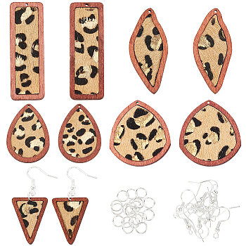 Olycraft DIY Leopard Print Geometry Earring Making Kit, Including Triangle & Teardrop & Rectangle Cowhide Leather Pendants, Iron Earring Hooks, Navajo White, 42Pcs/box