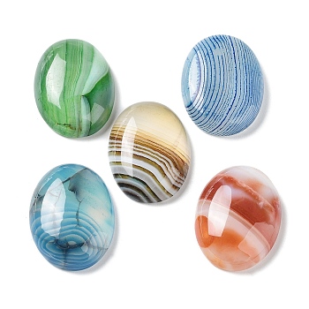 Natural Striped Agate/Banded Agate Cabochons, Dyed & Heated, Oval, Mixed Color, 30x21.5~22x6.5~7.5mm