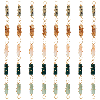 40Pcs 5 Styles Natural Gemstone Copper Wire Wrapped Connector Charms, Natural Labradorite & Indian Agate & Green Aventurine & Picture Jasper & Carnlian, Cuboid, Golden, 22~23.5x6~7x5.5~6mm, Hole: 2.5~3.2mm, 8ps/style
