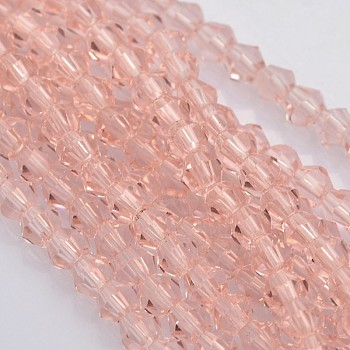 Bicone Glass Beads Strands, Faceted, Pink, 3.5x3mm, Hole: 1mm, about 125~130pcs/strand, 13.8 inch