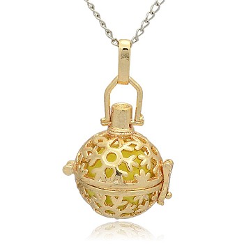 Golden Tone Brass Hollow Round Cage Pendants, with No Hole Spray Painted Brass Ball Beads, Champagne Yellow, 35x25x21mm, Hole: 3x8mm