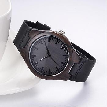 Leather Wristwatches, with Wooden Watch Head and Alloy Findings, Black, 260x28x2mm, Watch Head: 52x48x12mm, Watch Face: 37mm
