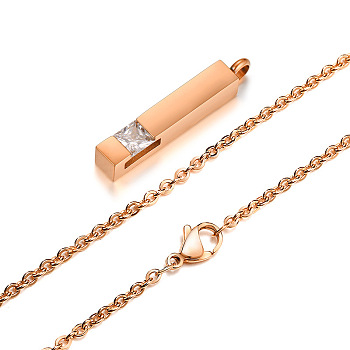 Clear Cubic Zirconia Cuboid Urn Ashes Pendant Necklace, Stainless Steel Memorial Jewelry for Women, Rose Gold, 19.69 inch(50cm)