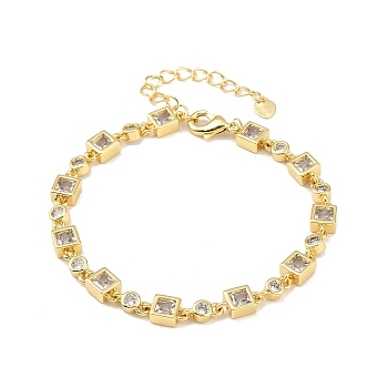 Brass Micro Pave Clear Cubic Zirconia Link Chain Bracelets for Women, Square, 7-1/8 inch(18.2cm)