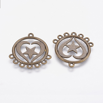 Tibetan Style Alloy Chandelier Components, Flat Round with Heart and Star, Antique Bronze, 30x28x2mm, Hole: 1.5mm