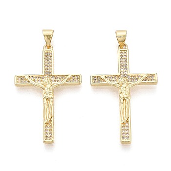 Religion Brass Micro Pave Clear Cubic Zirconia Pendants, Cross with Jesus Charms, Real 16K Gold Plated, 34.5~35x21x3mm, Hole: 5x3.5mm
