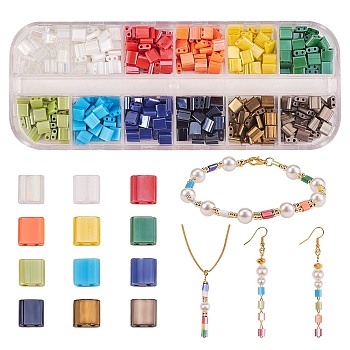 480Pcs 12 Colors 2-Hole Glass Seed Beads, Opaque Colours Lustered, Rectangle, Mixed Color, 5x4.5~5.5x2~2.5mm, Hole: 0.5~0.8mm, 40pcs/color