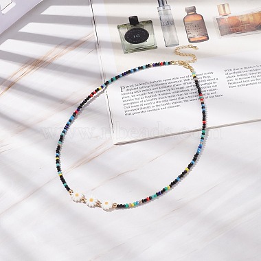 Shell Sunflower & Glass Beaded Necklace for Women(NJEW-JN03910-05)-2