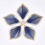 Cotton Thread Woven Pendants, with Alloy Findings, Leaf, Golden, Marine Blue, 43x26.5x2mm, Hole: 1.8mm(FIND-S306-03C)