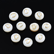 Perles de coquillages naturels d'eau douce, avec ornements en métal gravé en laiton doré, plat rond avec la lettre, couleur de coquillage, letter.o, 6x4mm, Trou: 0.8mm(SHEL-S278-036O)