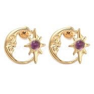 304 Stainless Steel Moon Stud Earrings, with Natural Amethyst Beads, 17x19.5mm(EJEW-I314-01D)