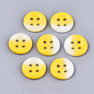 4-Hole Handmade Lampwork Sewing Buttons, Tri-colored, Flat Round, Yellow, 11.5x2.5mm, Hole: 1.2mm(BUTT-T010-02J)