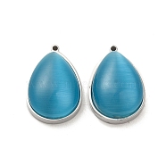 304 Stainless Steel Pendants, with Cat Eye, Teardrop, Deep Sky Blue, 22x14x7.4mm, Hole: 1.4mm(STAS-L022-045P-03)