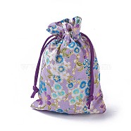 Burlap Packing Pouches, Drawstring Bags, Rectangle with Flower Pattern, Purple, 14.2~14.7x10~10.3cm(ABAG-I001-10x14-07B)