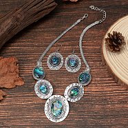 Oval Alloy & Paua Shell Pendant Necklace & Dangle Earring Sets, Antique Silver, 470mm(FS-WG1A0FD-01)