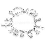 Fashionable Brass Charm Bracelets For Women, with Lobster Clasps , Silver Color Plated, 185mm(BJEW-BB12521)