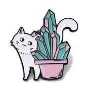 Cat & Crystal Cluster Theme Enamel Pins, Black Alloy Badge for Backpack Clothes, White, 30x29x1.5mm(JEWB-F029-03)
