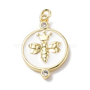 Eco-Friendly Brass Micro Pave Cubic Zirconia Pendants, Enamel Style, Cadmium Free & Lead Free, Flat Round with Bees & Crown Charm, White, 22.5x15x3mm, Hole: 3.4mm(KK-F845-23G-01)