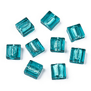 Handmade Silver Foil Lampwork Beads, Square, Teal, 12x12x6mm(FOIL-S006-12x12mm-04)