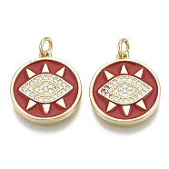 Brass Micro Pave Cubic Zirconia Pendants, with Enamel and Jump Ring, Nickel Free, Flat Round with Eye, Real 16K Gold Plated, FireBrick, 19x17x2mm, Hole: 3mm(ZIRC-N039-038B-NF)