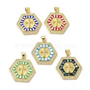 Brass Micro Pave Clear Cubic Zirconia Pendants, with Enamel & Shell, Long-Lasting Plated, Lead Free & Cadmium Free, Real 18K Gold Plated, Hexagon with Cross, Mixed Color, 24x24x4mm, Hole: 5x3.5mm(KK-K385-033G)