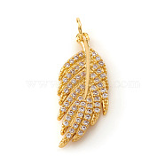 Brass Micro Pave Cubic Zirconia Pendants, with Jump Rings, Feather, Clear, Real 18K Gold Plated, 22x8.5x2mm, Jump Ring: 4x0.5mm, Hole: 2.5mm(KK-I672-11G)