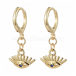 Brass Huggie Hoop Earrings, with Cubic Zirconia and Cardboard Boxes, Evil Eye, Blue, Real 18K Gold Plated, 27mm, Pin: 0.8mm, Eye: 9x13x2.5mm(X-EJEW-JE04187-01)