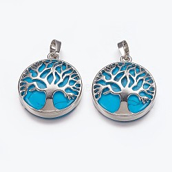 Synthetic Turquoise Pendants, with Brass Finding, Flat Round with Tree of Life, Platinum, 31x27x6mm, Hole: 5x8mm(G-E449-C03)